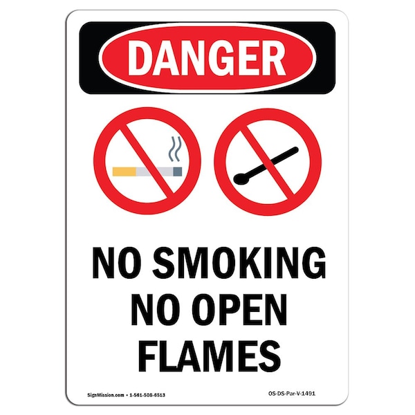 Safety Sign, OSHA Danger, 24" Height, Aluminum, No Smoking No Open Flames, Portrait